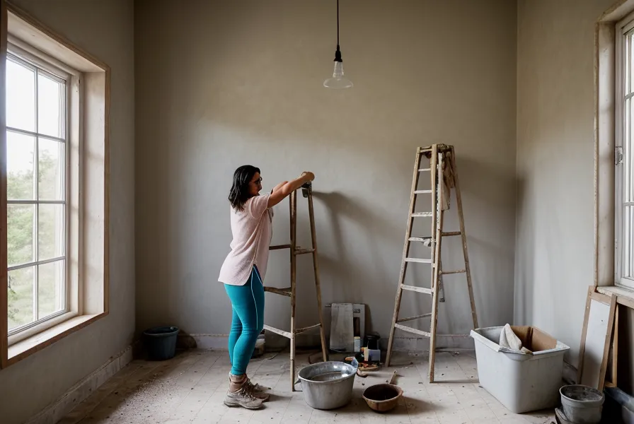 évier vintage en pierre de seconde main posé sur une palette, chantier de rénovation éco-responsable