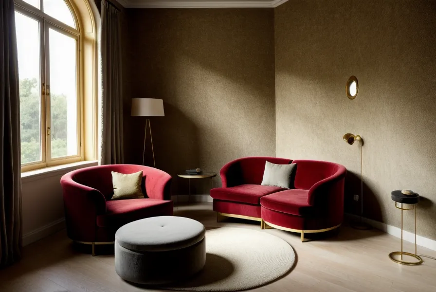 Aménagement circulaire du salon de colocation avec fauteuils chinés et canapé à Saint-Étienne