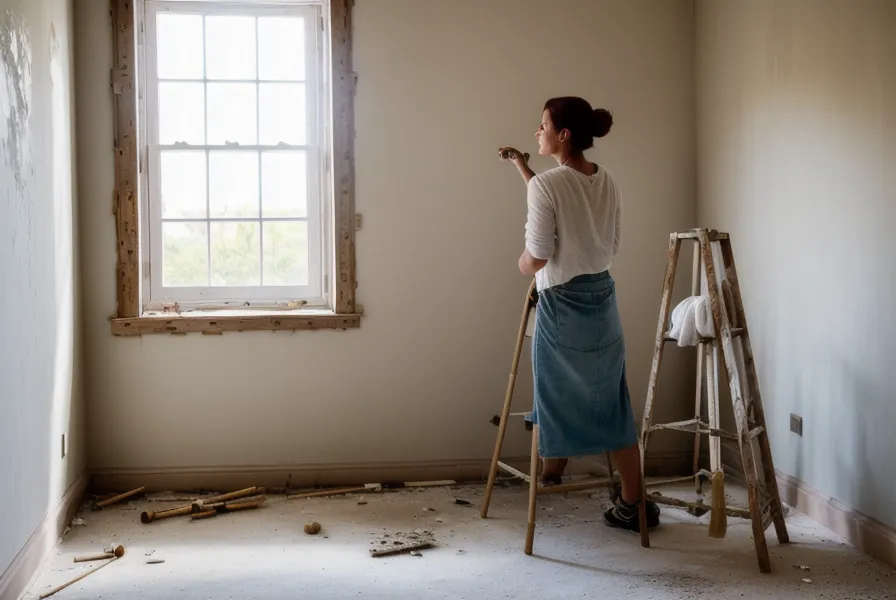 Outils de plâtrier et seau d'enduit pendant les travaux de rénovation d'un appartement à Saint-Étienne