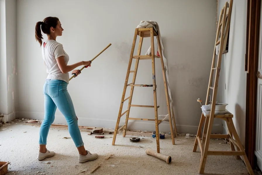 Pauline et son frère discutant des plans de rénovation colocation devant un mur en cours de peinture à Saint-Étienne