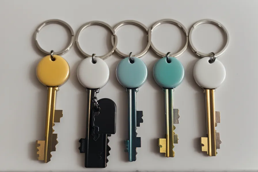 Cinq jeux de clés neufs alignés sur un comptoir pour les futurs colocataires