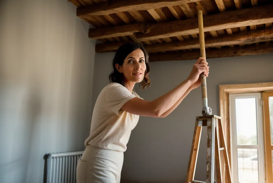 Niveau à bulle pour vérifier l'alignement d'une cloison sur un chantier de rénovation mené à distance