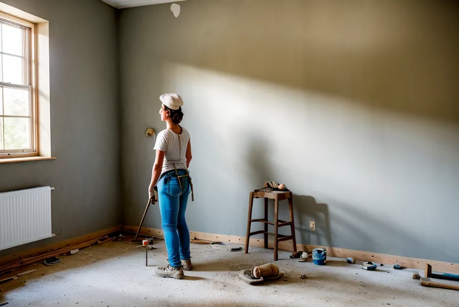 Mesure d'un plan de travail en bois pendant la rénovation d'une cuisine de colocation à Saint-Étienne