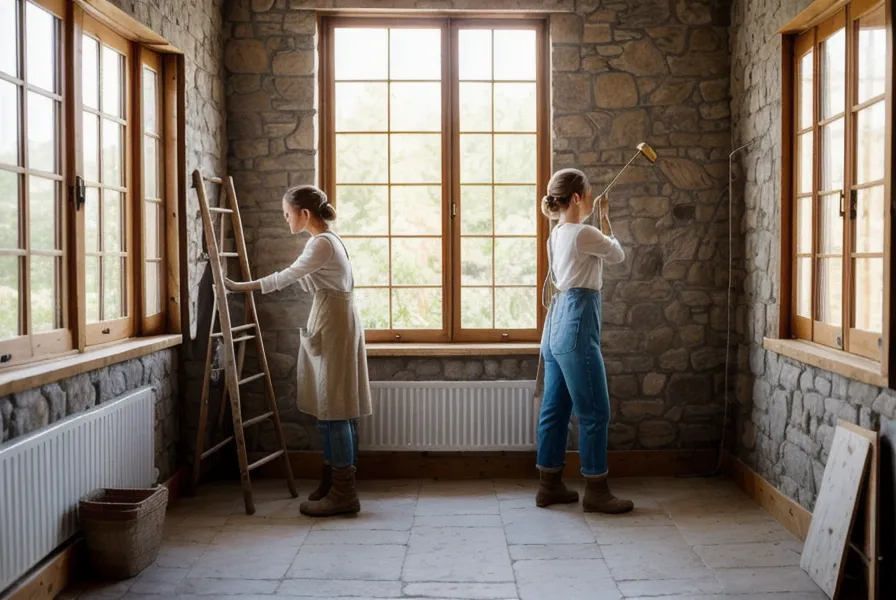 Plinthe technique apparente posée en alternative à une prise encastrée dans un mur ancien