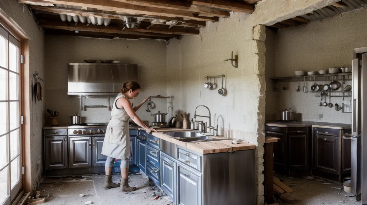 Robinet de cuisine mitigeur installé sur un vieil évier en inox lors d'une rénovation en colocation à Saint-Étienne
