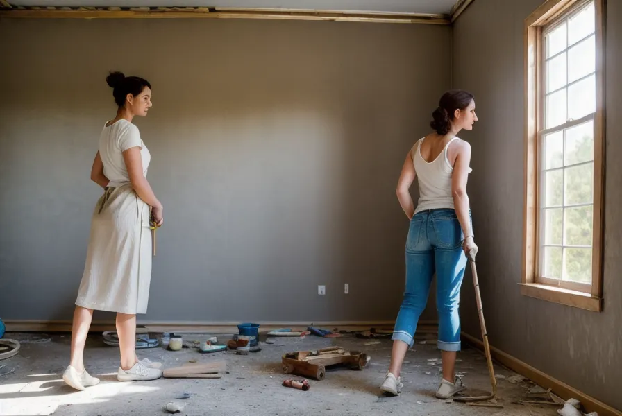 Deux personnes étudiant des plans de rénovation dans un appartement en travaux, après l'acceptation de l'offre d'achat.