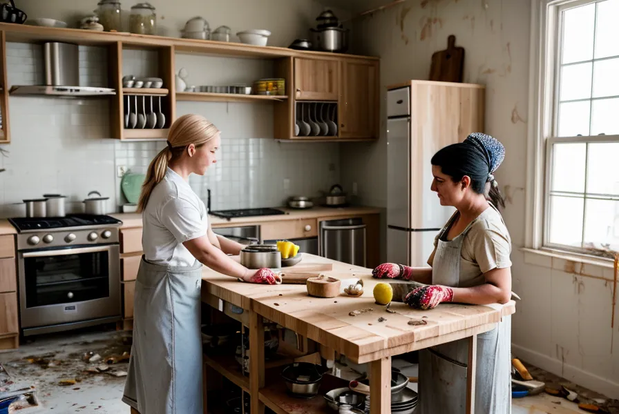 Pose d'un plan de travail de cuisine pendant une rénovation d'appartement ancien à Saint-Étienne