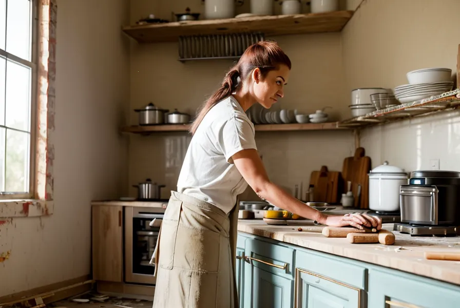 Mesure au mètre ruban avant la découpe d'un plan de travail de cuisine, étape de bricolage débutant
