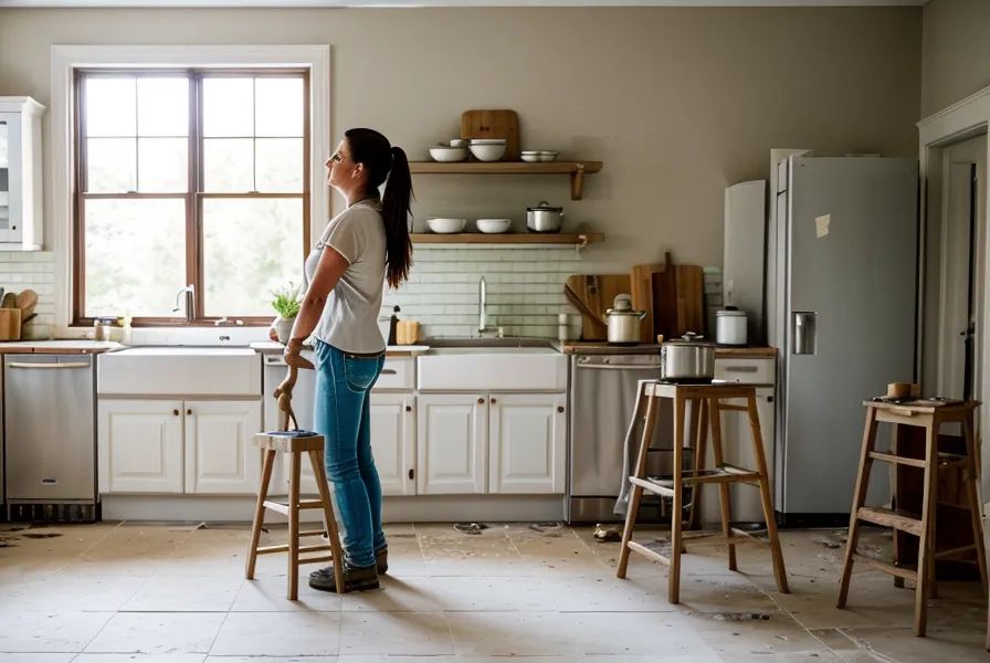 Joint silicone entre le plan de travail de cuisine et un mur ancien, finition d'une rénovation en coloc