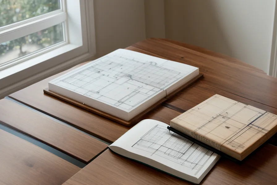 Plans et calculette sur une table de chantier, pour estimer les frais de notaire et le budget travaux d'un immobilier ancien