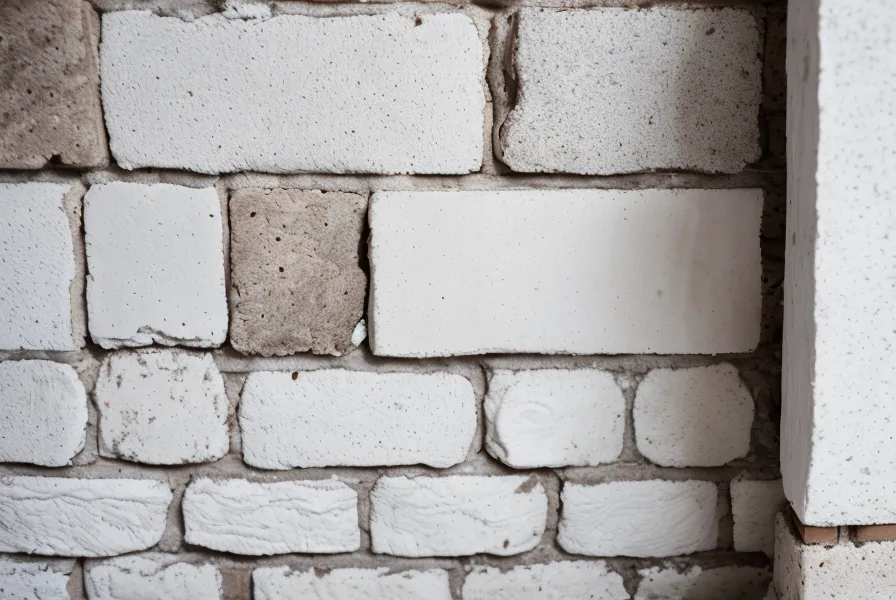 Détail d'enduit frais sur un mur de briques anciennes, pendant les travaux de la colocation à Saint-Étienne