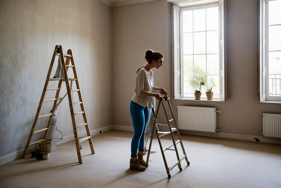 Chaussures de chantier couvertes de poussière de plâtre, avant l'arrivée des premiers colocataires dans l'appartement en rénovation.