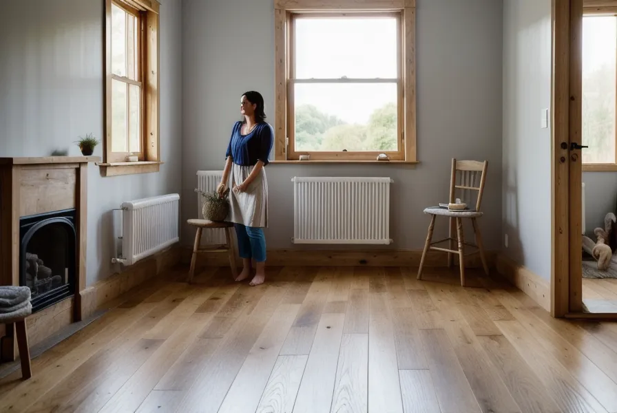 Pose de parquet flottant sur un vieux carrelage dans le salon d'une colocation à Saint-Étienne