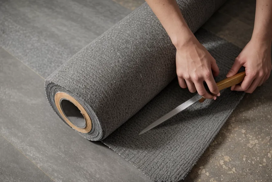 Sous-couche acoustique déroulée sur le vieux carrelage avant la pose du parquet flottant, travaux de rénovation du salon