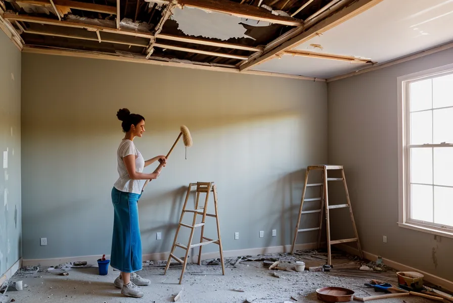 Téléphone couvert de poussière de plâtre affichant les modules d'une formation investissement immobilier pendant le chantier