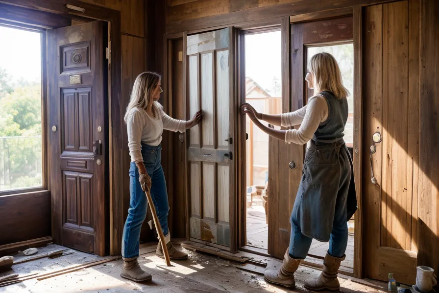 Décapage manuel d'une moulure de porte ancienne, étape clé de la rénovation bois