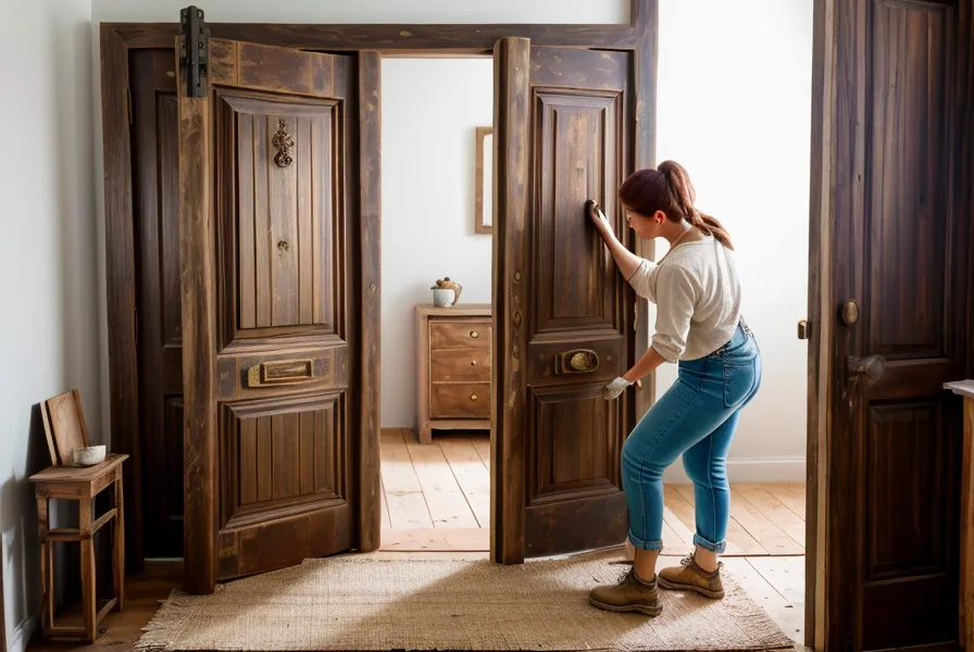 Porte en bois ancienne restaurée avec poignée en laiton récupérée