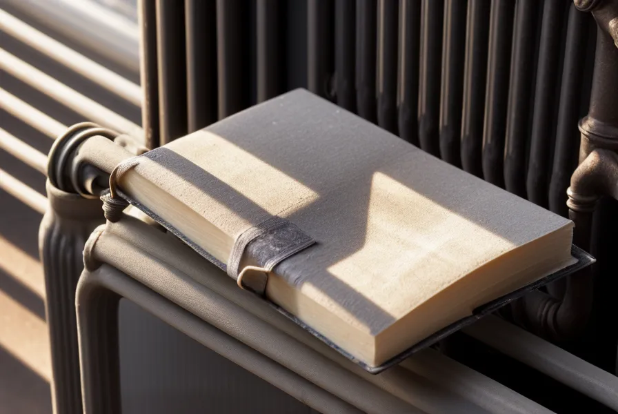 Un carnet de notes et un téléphone sur un radiateur ancien en plein chantier.