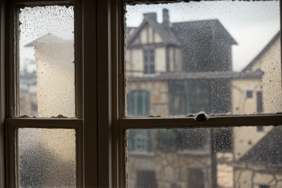 Vue sur une rue de Saint-Étienne à travers une fenêtre poussiéreuse d'un appartement.
